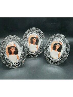 Vintage Star Clear Solid Glass Oval Photo Frame Embossed Roses Tabletop Set of 3